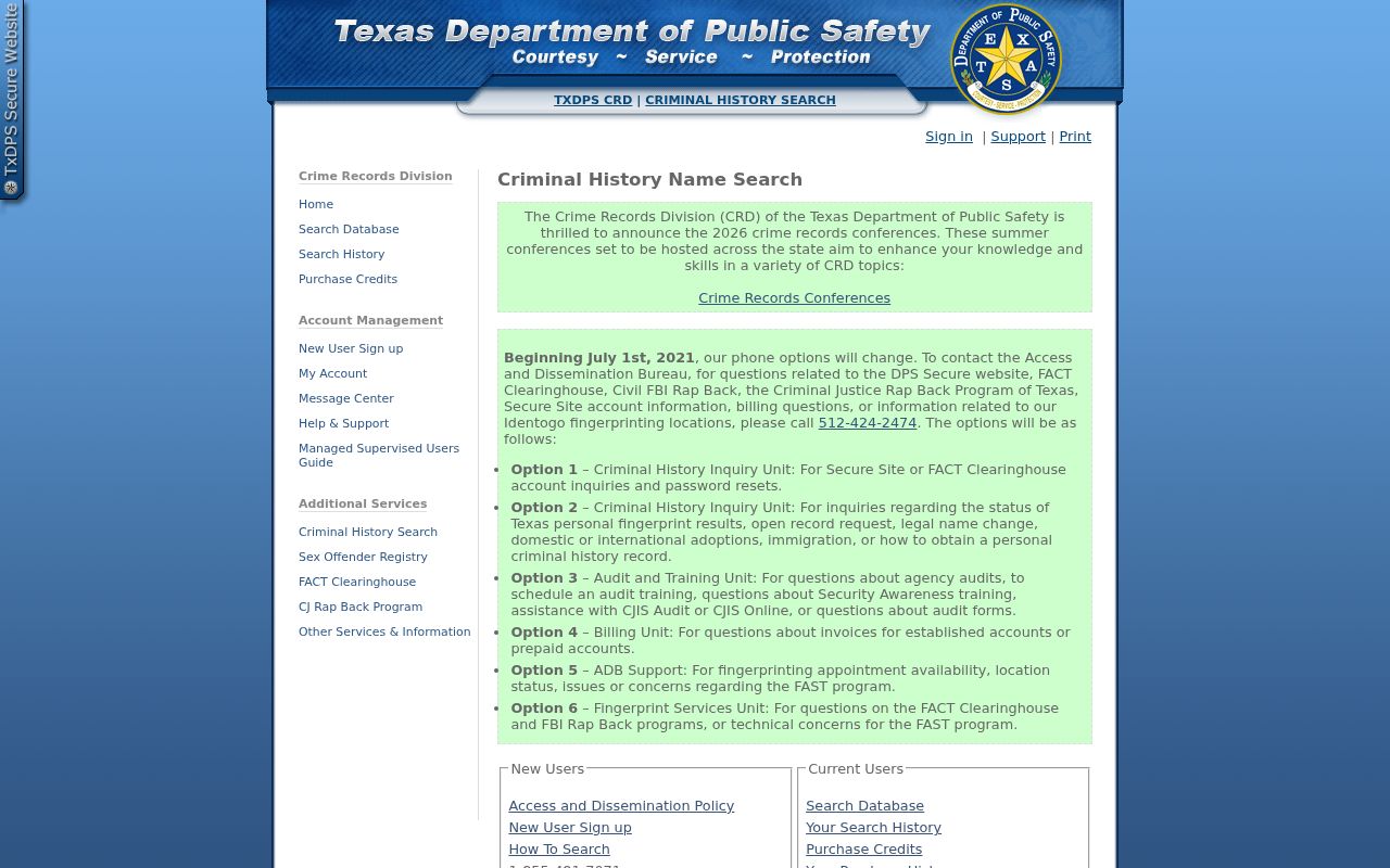 Limestone County criminal history search through the Texas DPS public portal