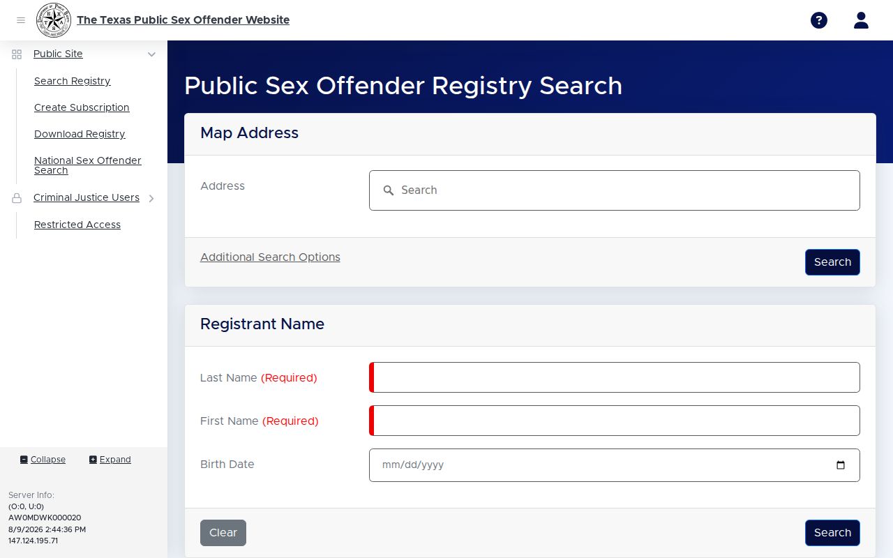Limestone County sex offender registry search screen from Texas DPS