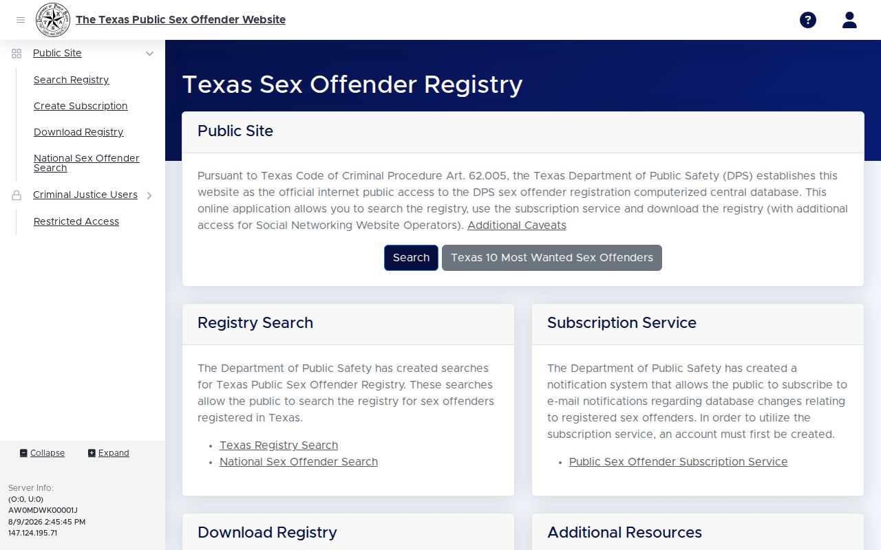 Limestone County sex offender registry notices on the Texas DPS website