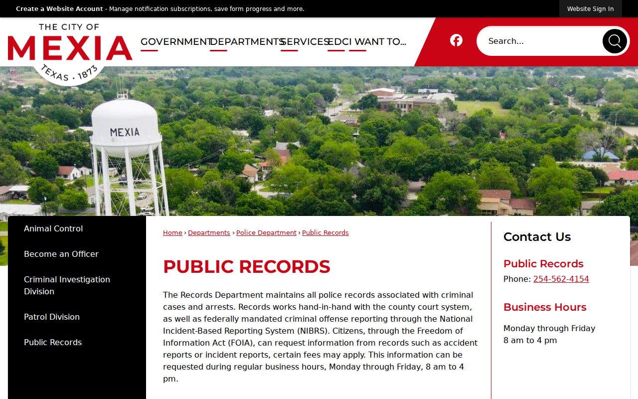Mexia criminal history Police Department public records page
